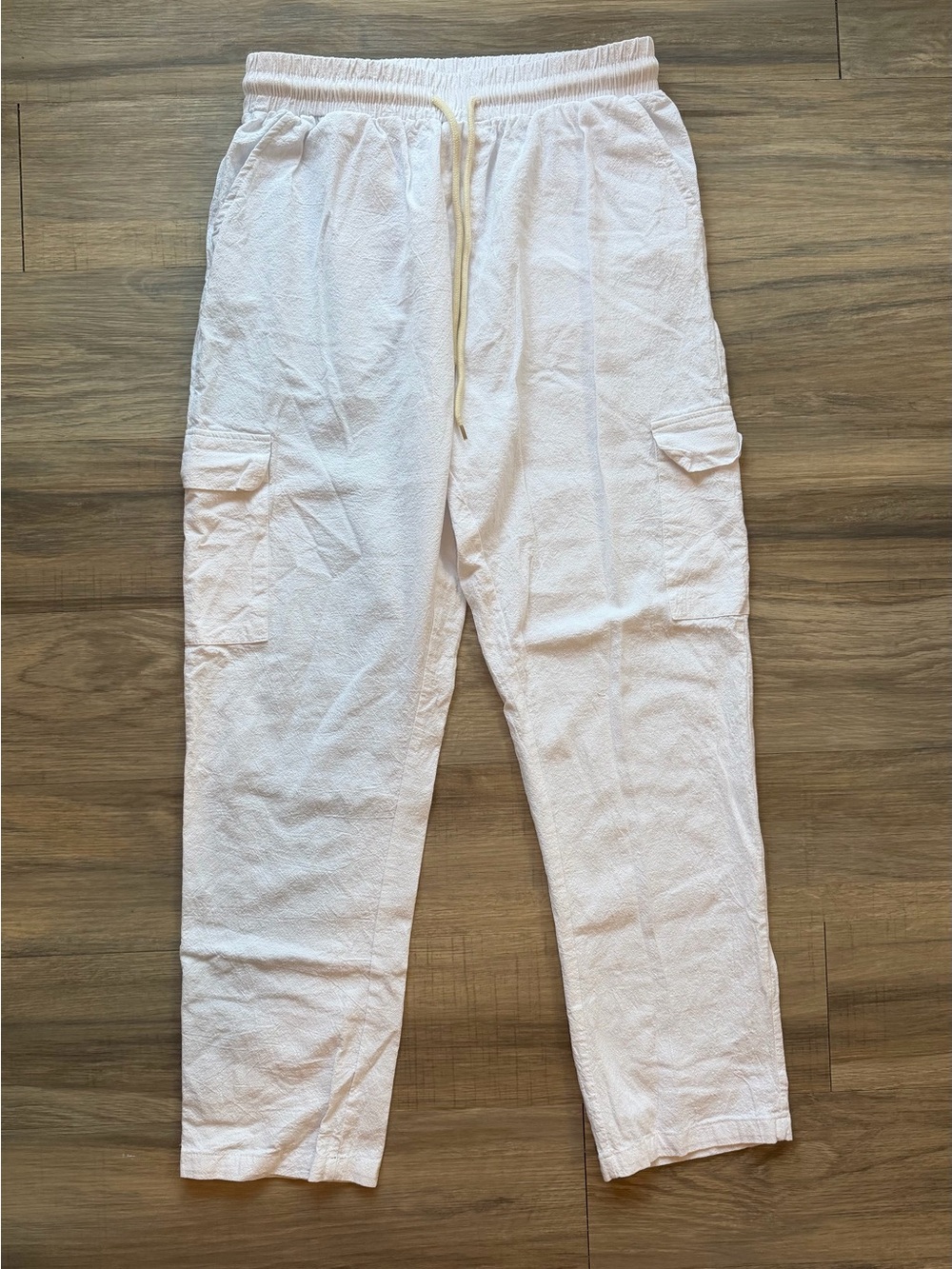 White Linen Blend‎ Cargo Pants Drawstring Elastic Waist Beach Coastal Size S